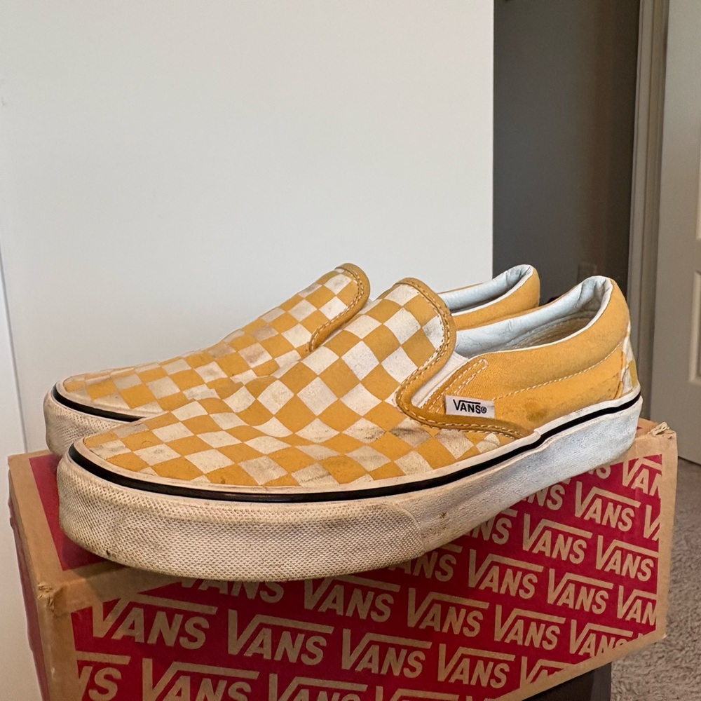 Vans Slip-On Checkerboard Loafers in Mustard and White